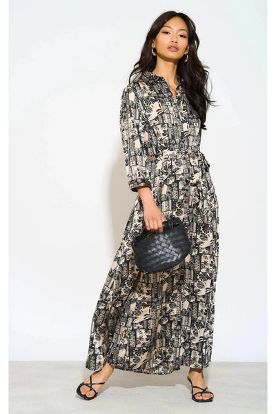 Black - Mono Mixed Scarf Print Satin Maxi Shirt Dress by LOVE SUNSHINE