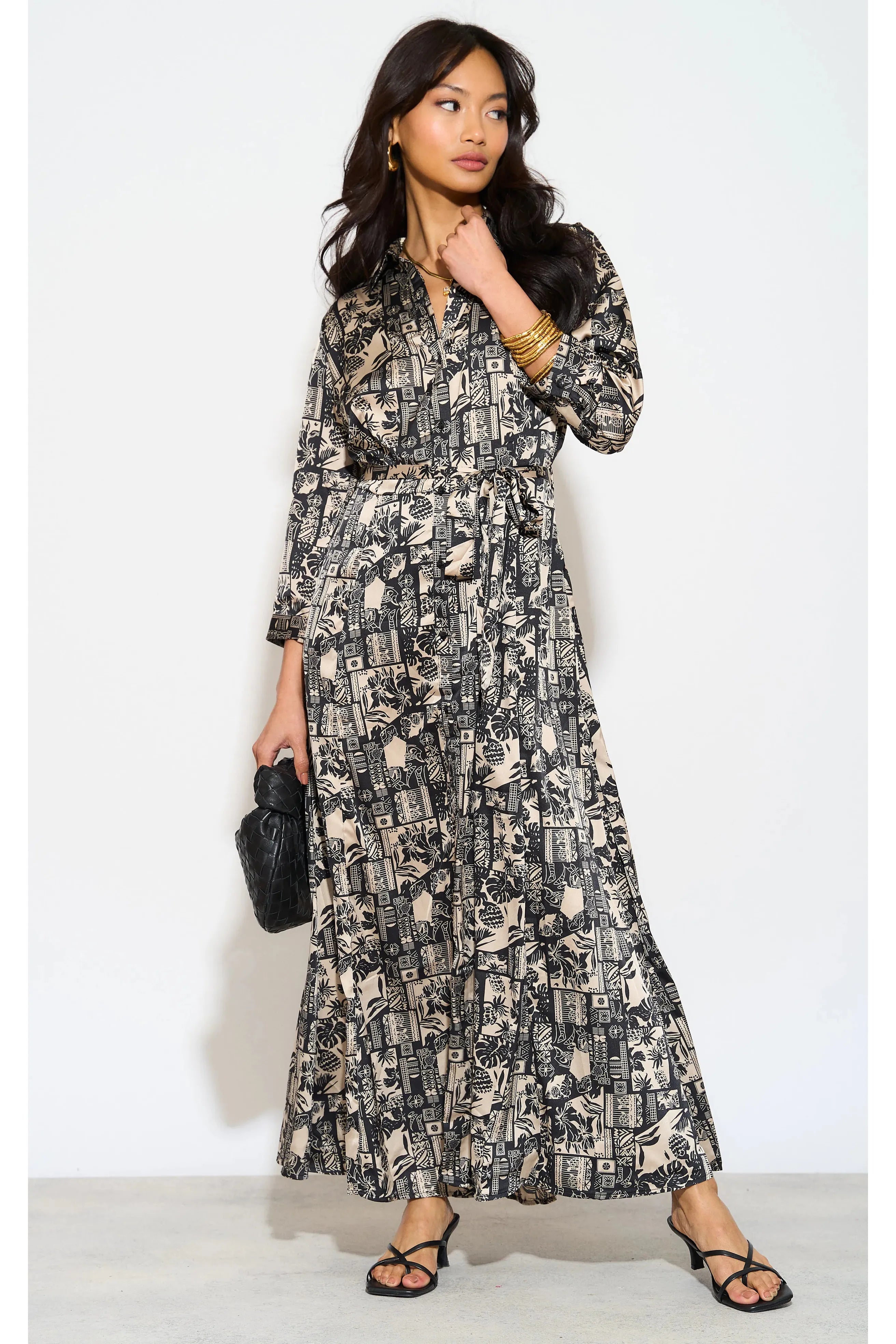 Mono Mixed Scarf Print Satin Maxi Shirt Dress LS-2280-C9