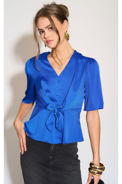 Blue - Royal Blue Short Sleeve Knotted Crepe Satin Top by LOVE SUNSHINE