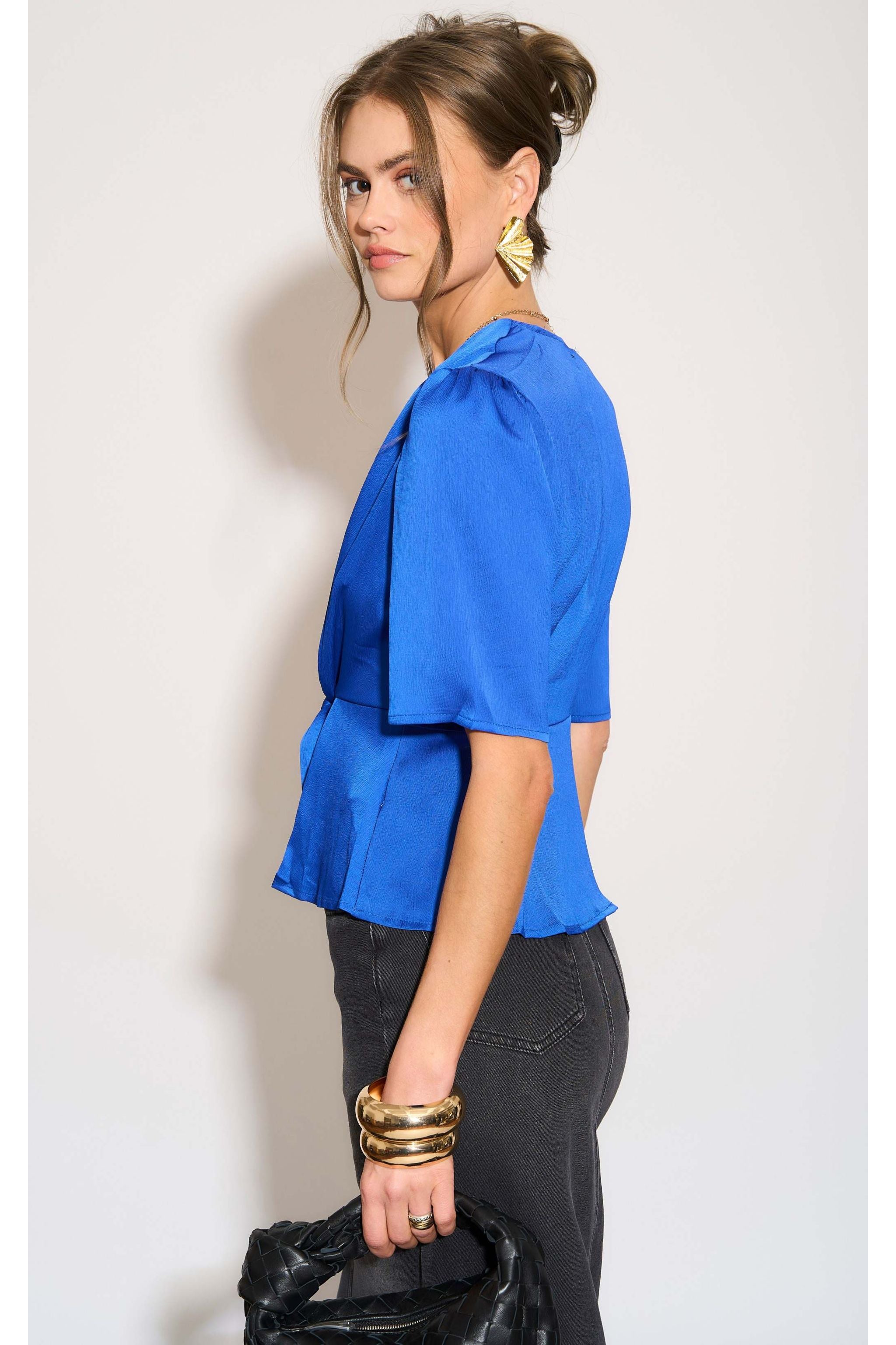 Royal Blue Short Sleeve Knotted Crepe Satin Top LS-2151-8078-31