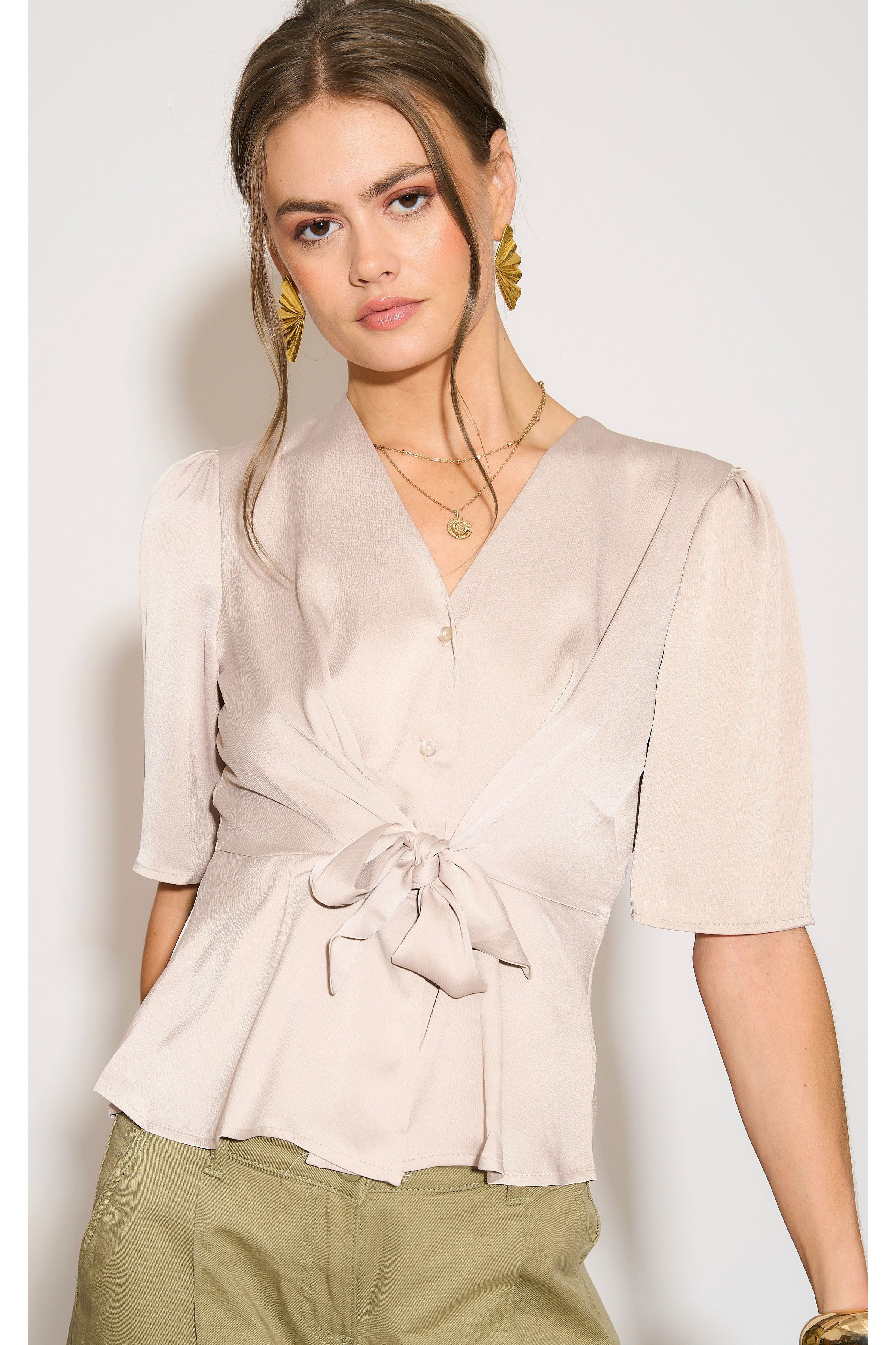 Beige Short Sleeve Knotted Crepe Satin Top LS-2151-8078-17