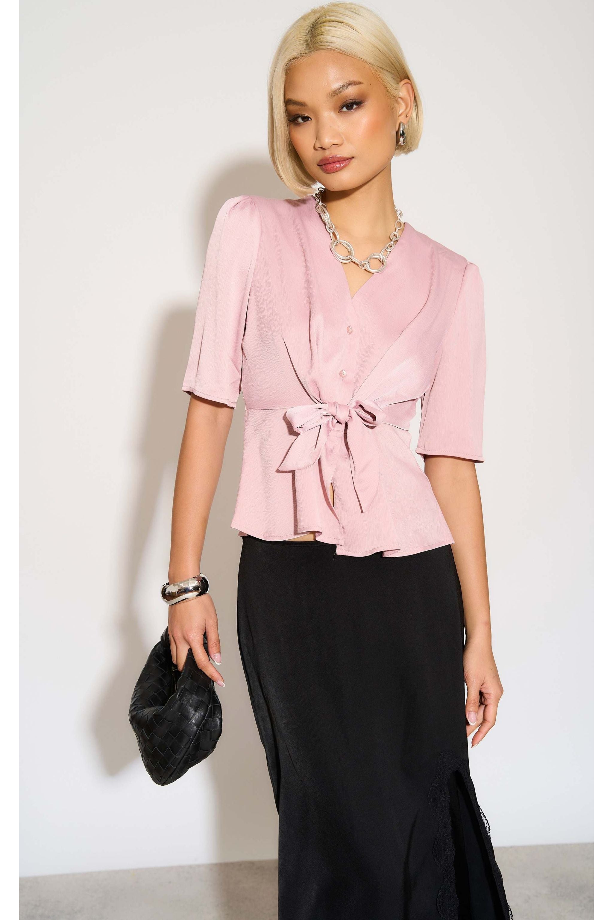 Pink Short Sleeve Knotted Crepe Satin Top LS-2151-8078-6