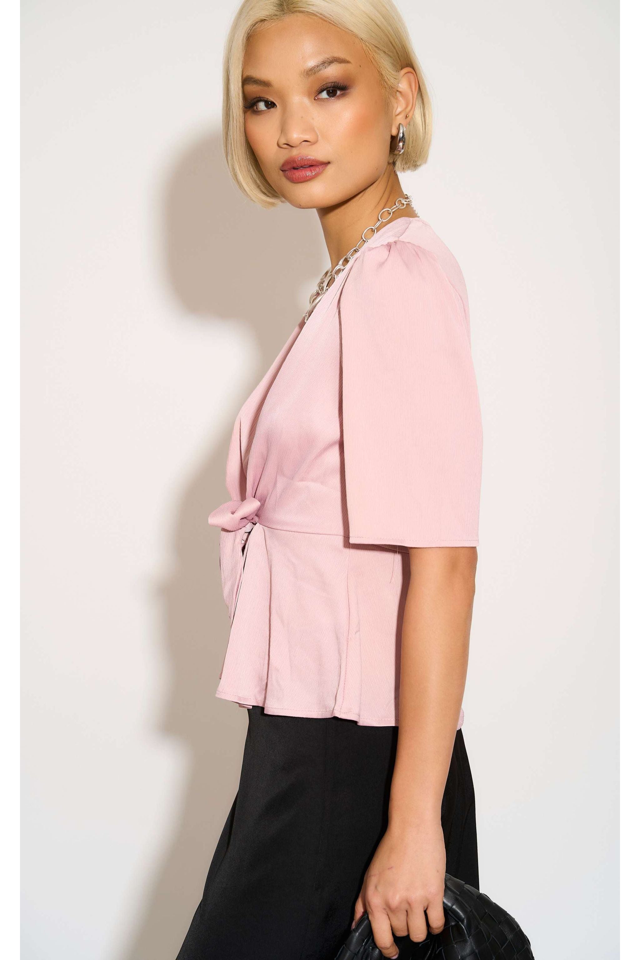 Pink Short Sleeve Knotted Crepe Satin Top LS-2151-8078-6