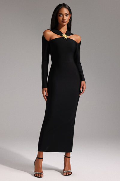 Black - Lave Long Sleeves Hollow Out Bandage Maxi Dress by Bella Barnett
