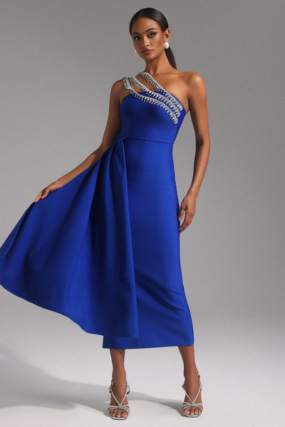 Blue - Marcella One Shoulder Diamond Bandage Maxi Dress by Bella Barnett