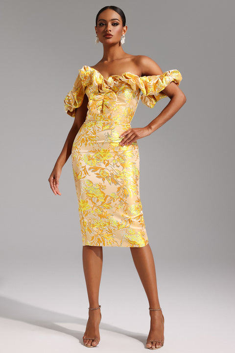 Merrit Off-the-Shoulder Jacquard Midi Dress by Bella Barnett