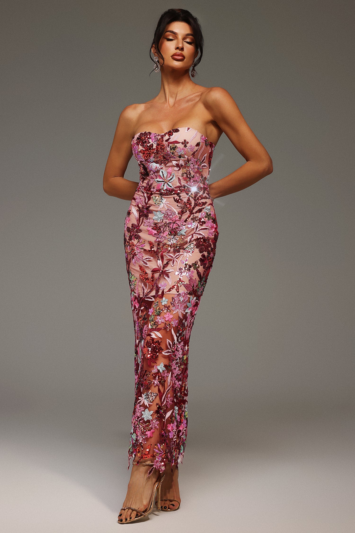 Lilya Off-the-Shoulder Embroidery Sequin Maxi Dress D241201160