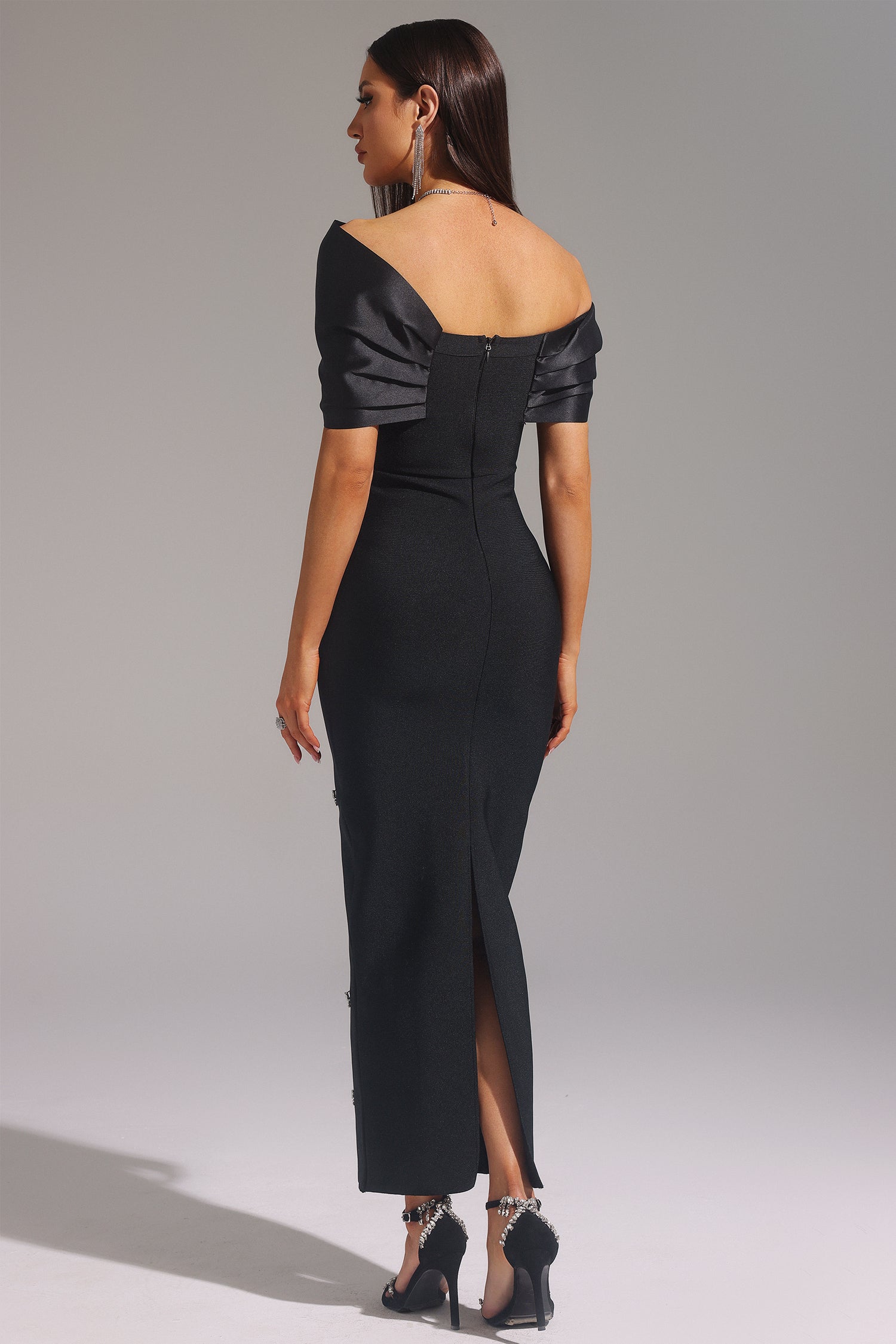 Palez Sleeveless One Shoulder Diamond Bow Bandage Maxi Dress D250101317