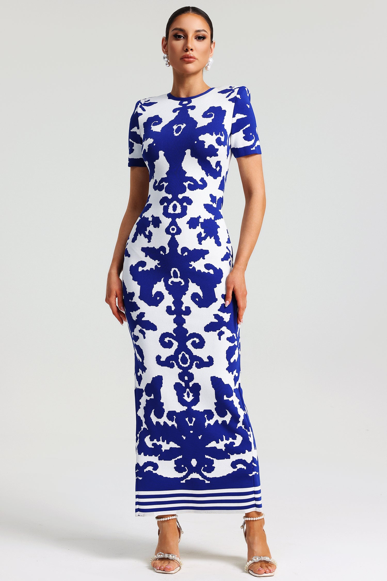 Lerae Round Neck Short Sleeve Jacquard Bandage Maxi Dress D241201111
