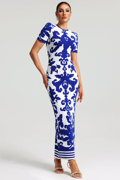 Blue - Lerae Round Neck Short Sleeve Jacquard Bandage Maxi Dress by Bella Barnett