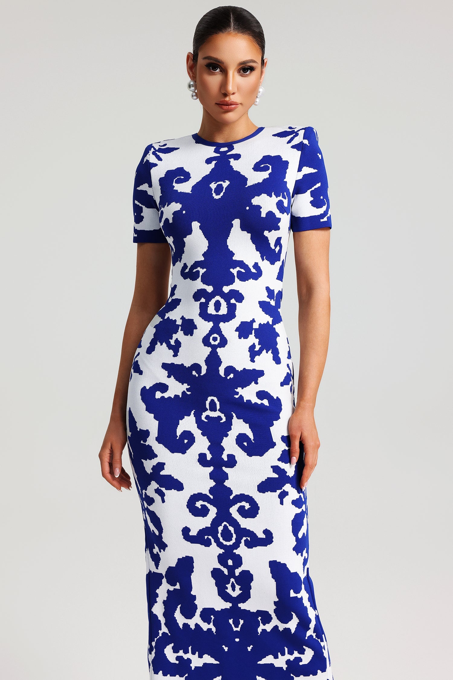 Lerae Round Neck Short Sleeve Jacquard Bandage Maxi Dress D241201111