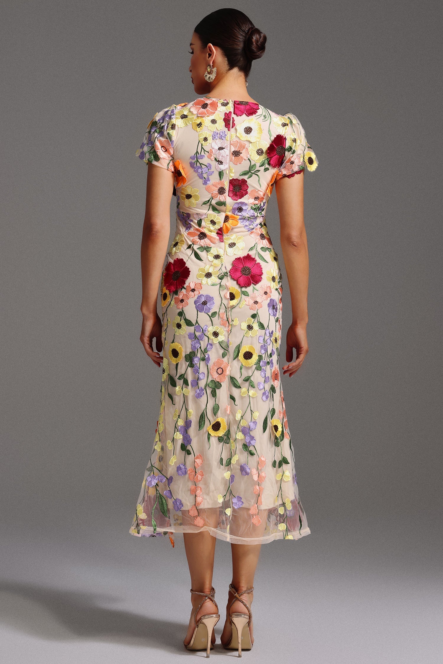 Naya Short Sleeve Round Neck Flowers Fishtail Midi Dress D250201657-FLORAL
