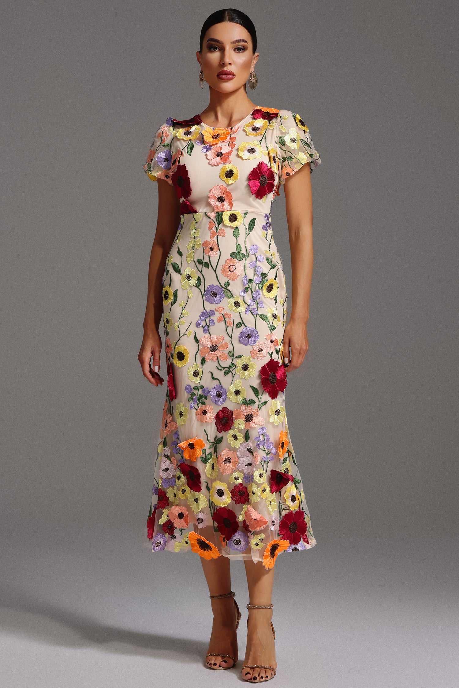 Naya Short Sleeve Round Neck Flowers Fishtail Midi Dress D250201657-FLORAL