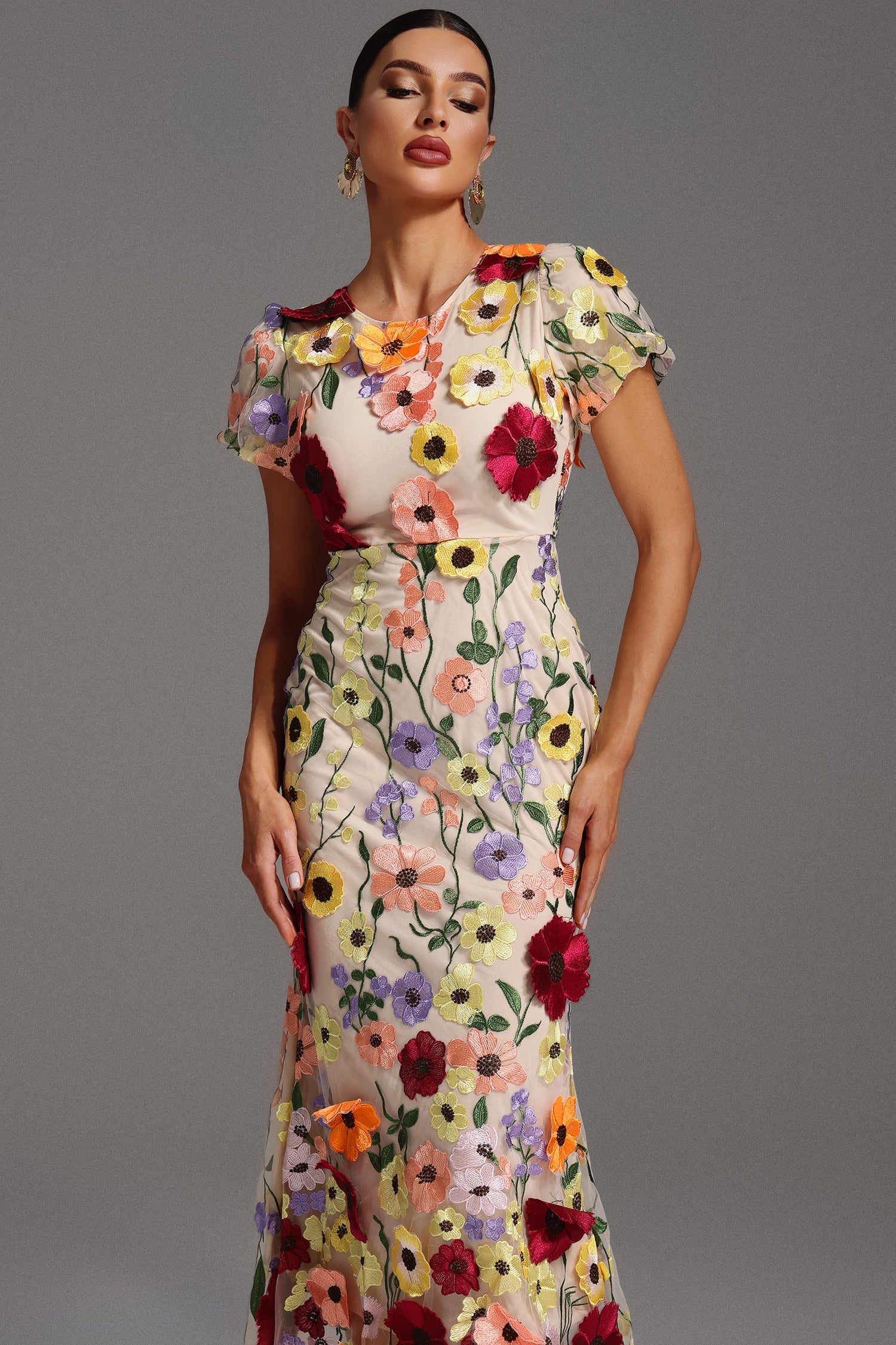 Naya Short Sleeve Round Neck Flowers Fishtail Midi Dress D250201657-FLORAL