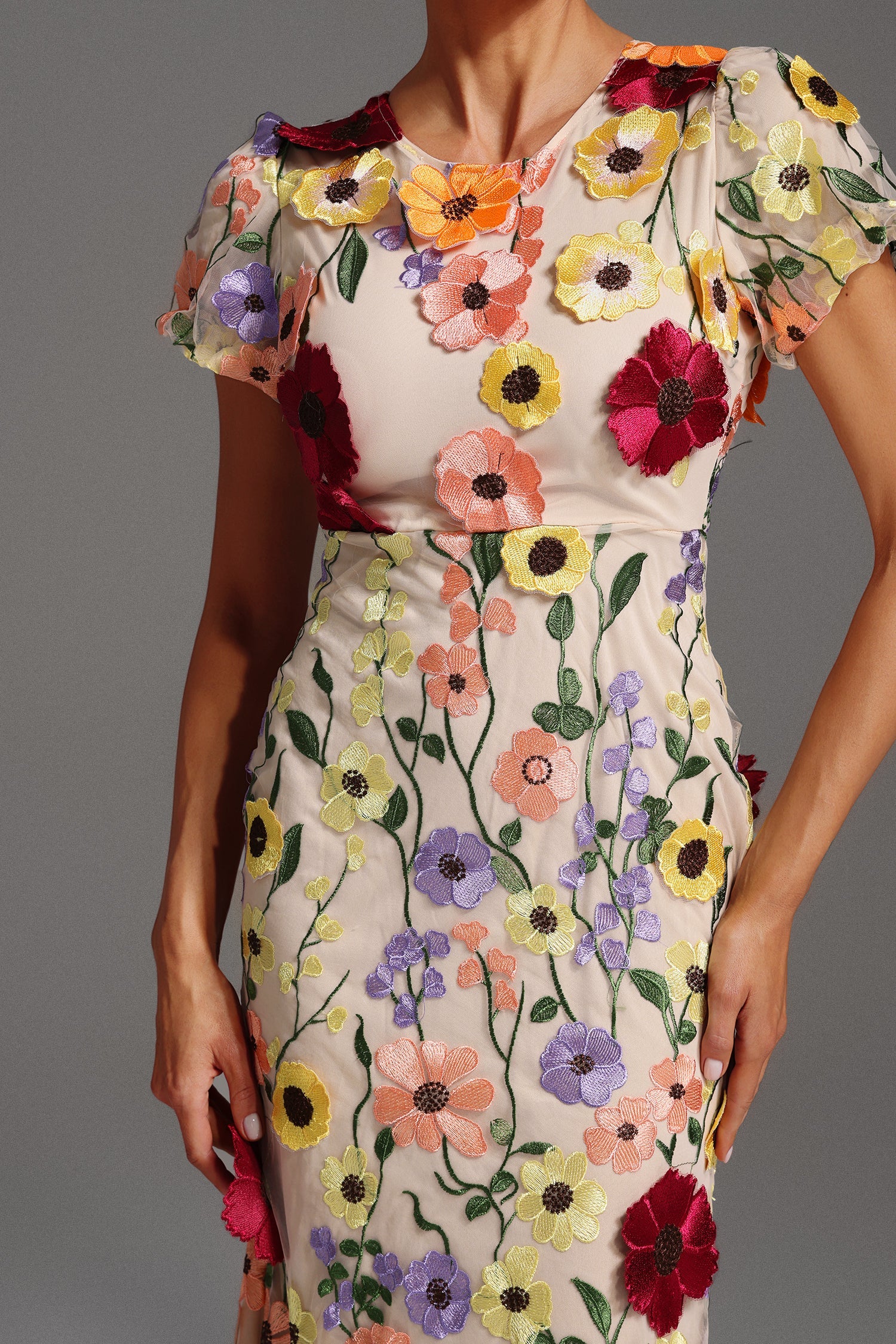 Naya Short Sleeve Round Neck Flowers Fishtail Midi Dress D250201657-FLORAL
