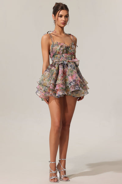 Blush - Hester Sleeveless V-Neck Lacing Flounce Mini Dress by Bella Barnett