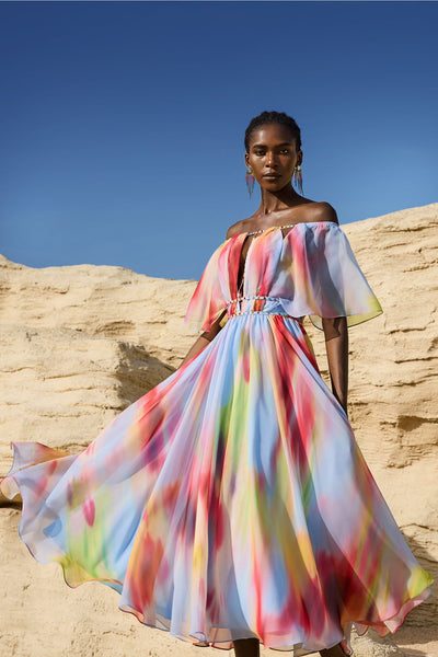 Multi - Zaysha Off-The-Shoulder Hollow Out Printing Midi Dress by Bella Barnett