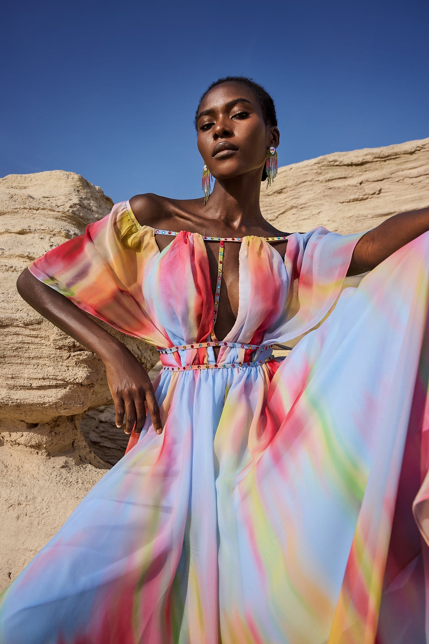 Zaysha Off-The-Shoulder Hollow Out Printing Midi Dress D250303601