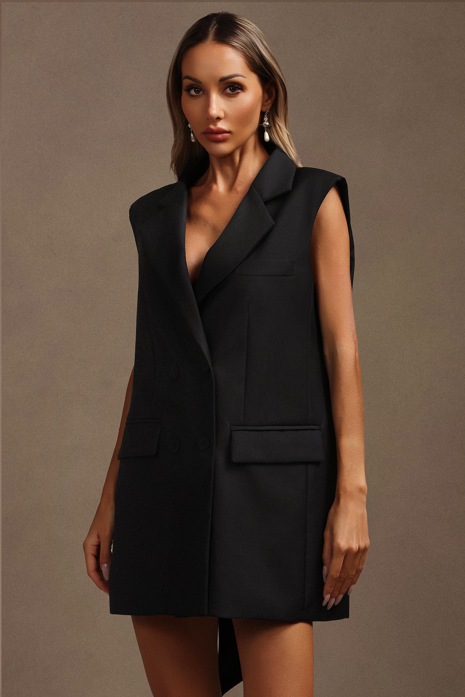 Livana Lapel Sleeveless Bowknot Mini Dress C250400124