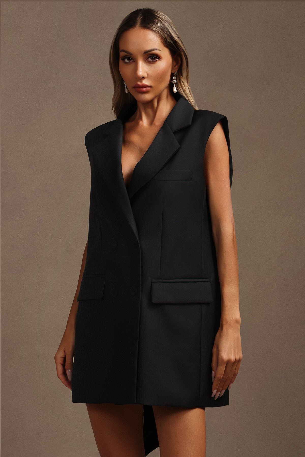 Livana Lapel Sleeveless Bowknot Mini Dress C250400124