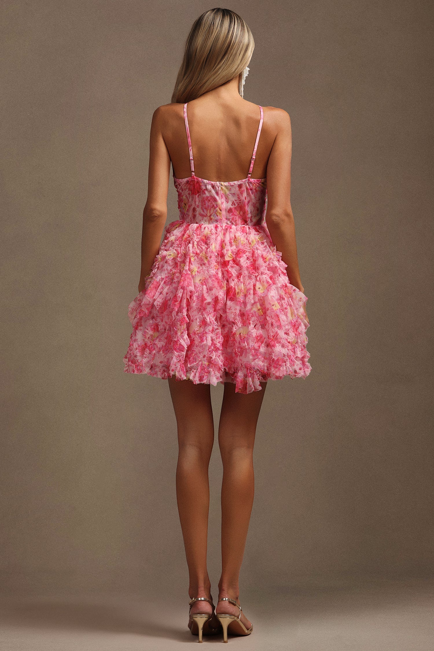 Daware Sleeveless Flower Printed Hollow Out Folds Mini Dress C250300261