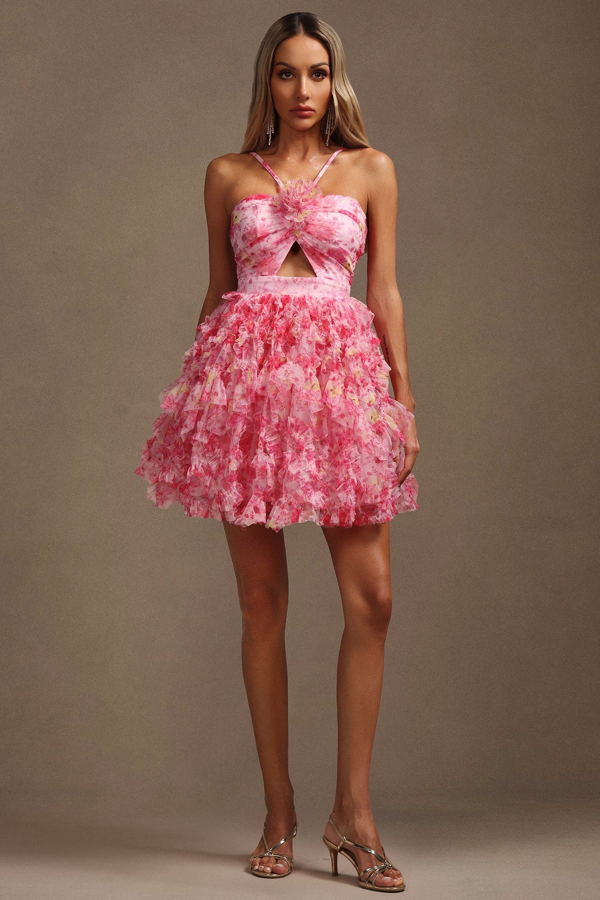 Daware Sleeveless Flower Printed Hollow Out Folds Mini Dress C250300261