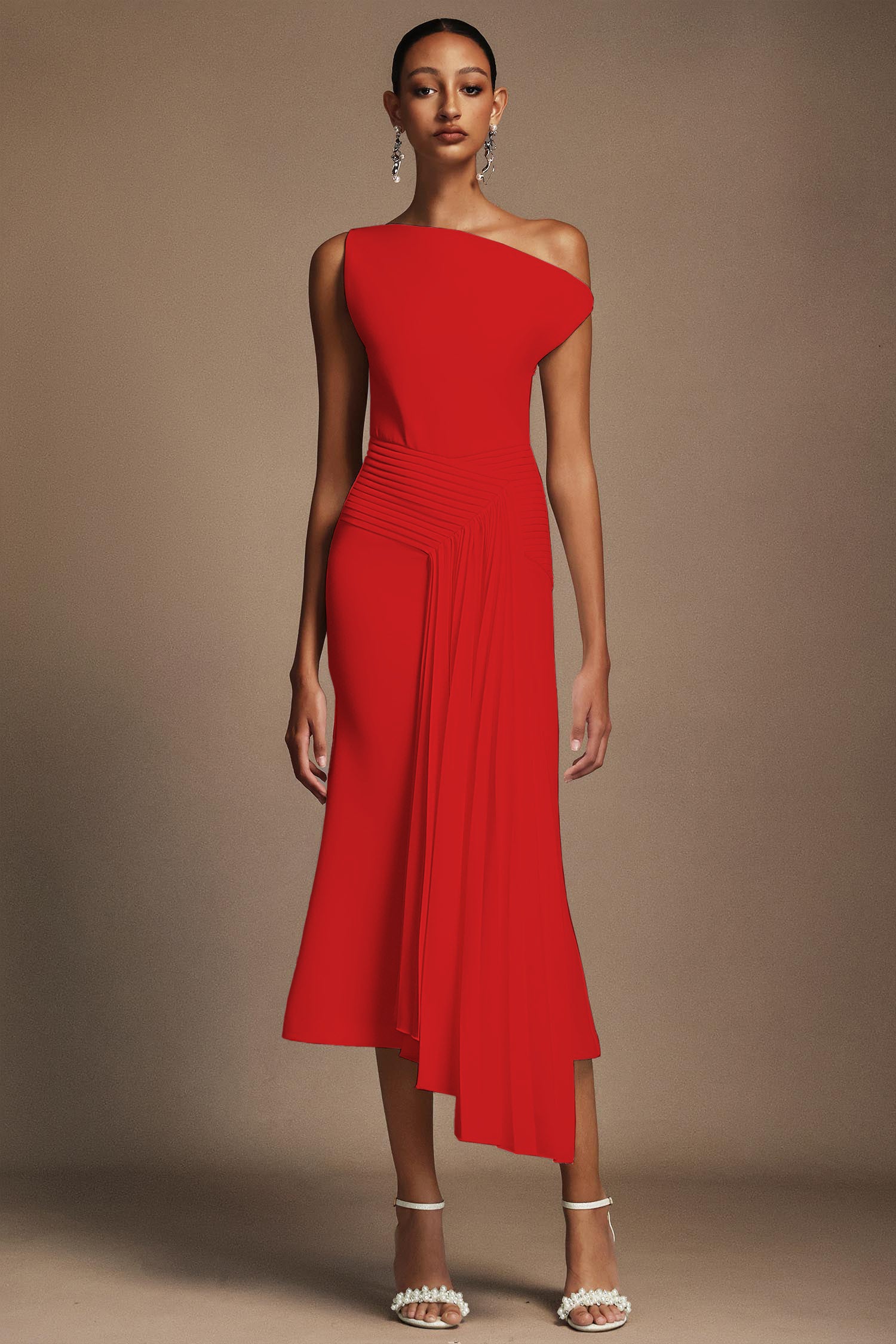 Paulina Oblique Shoulder Sleeveless Folds Midi Dress C250300341