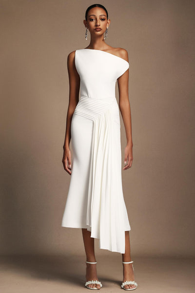 Paulina Oblique Shoulder Sleeveless Folds White Midi Dress by Bella Barnett