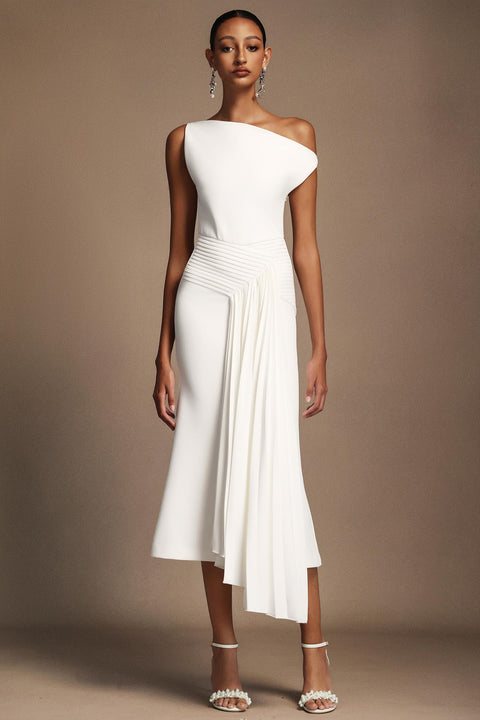 Paulina Oblique Shoulder Sleeveless Folds White Midi Dress by Bella Barnett