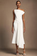 Paulina Oblique Shoulder Sleeveless Folds White Midi Dress by Bella Barnett