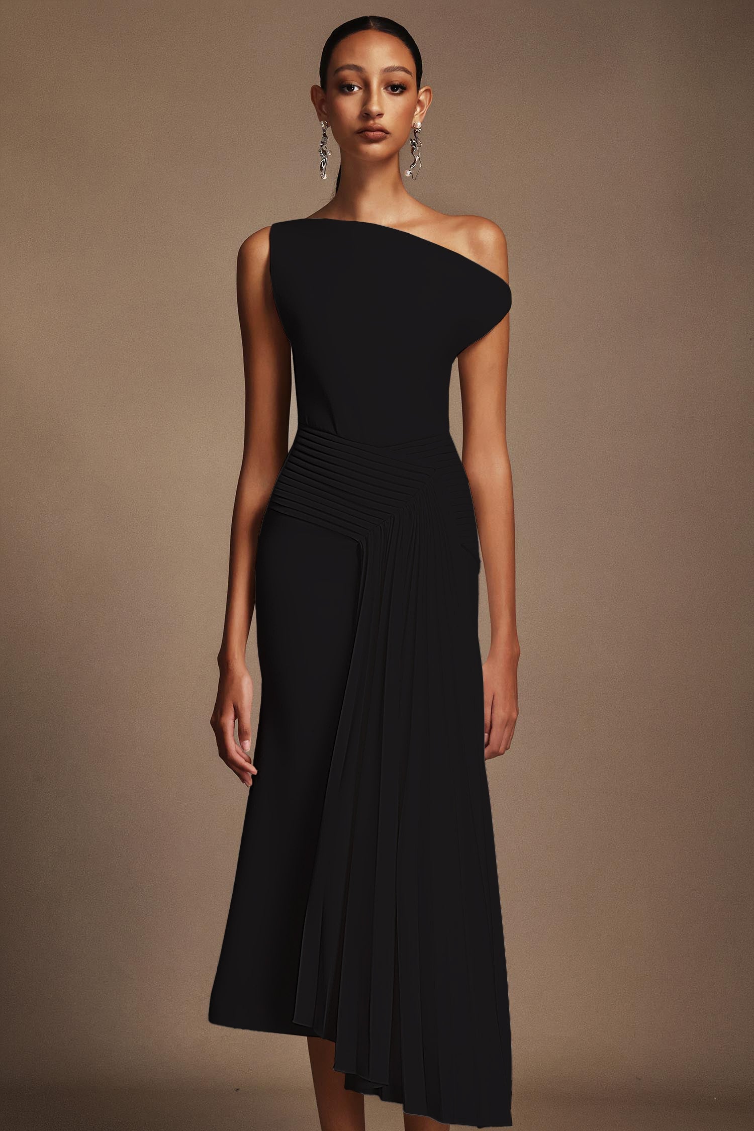 Juny Oblique Shoulder Sleeveless Folds Midi Dress C250300341