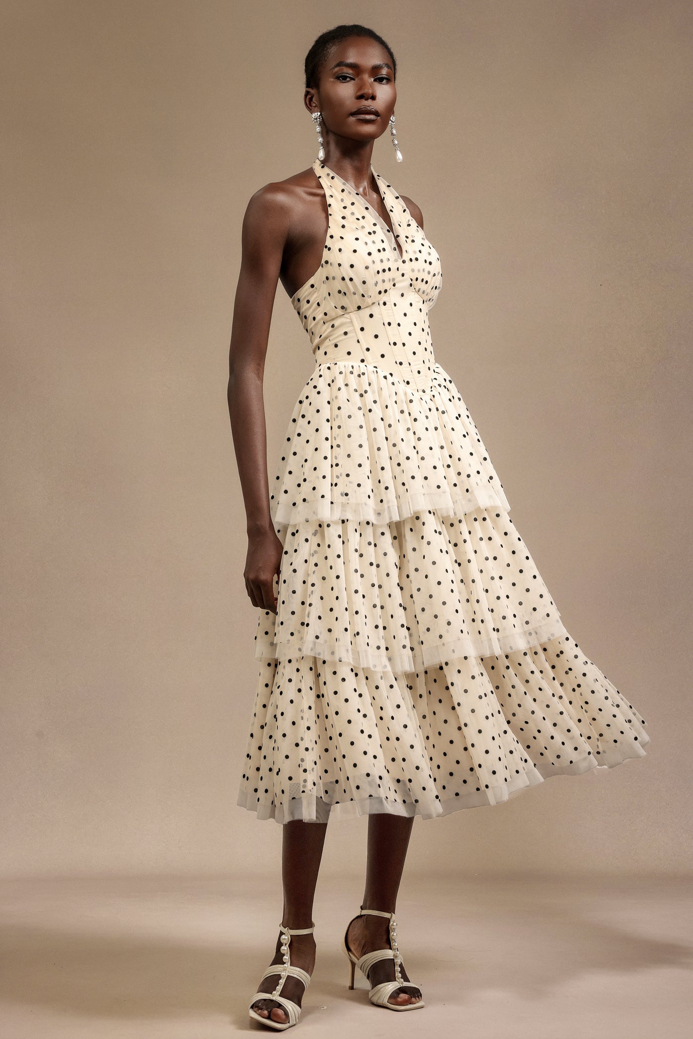 Julieta Sleeveless Dot Printed Layered Folds Midi Dress C250500002