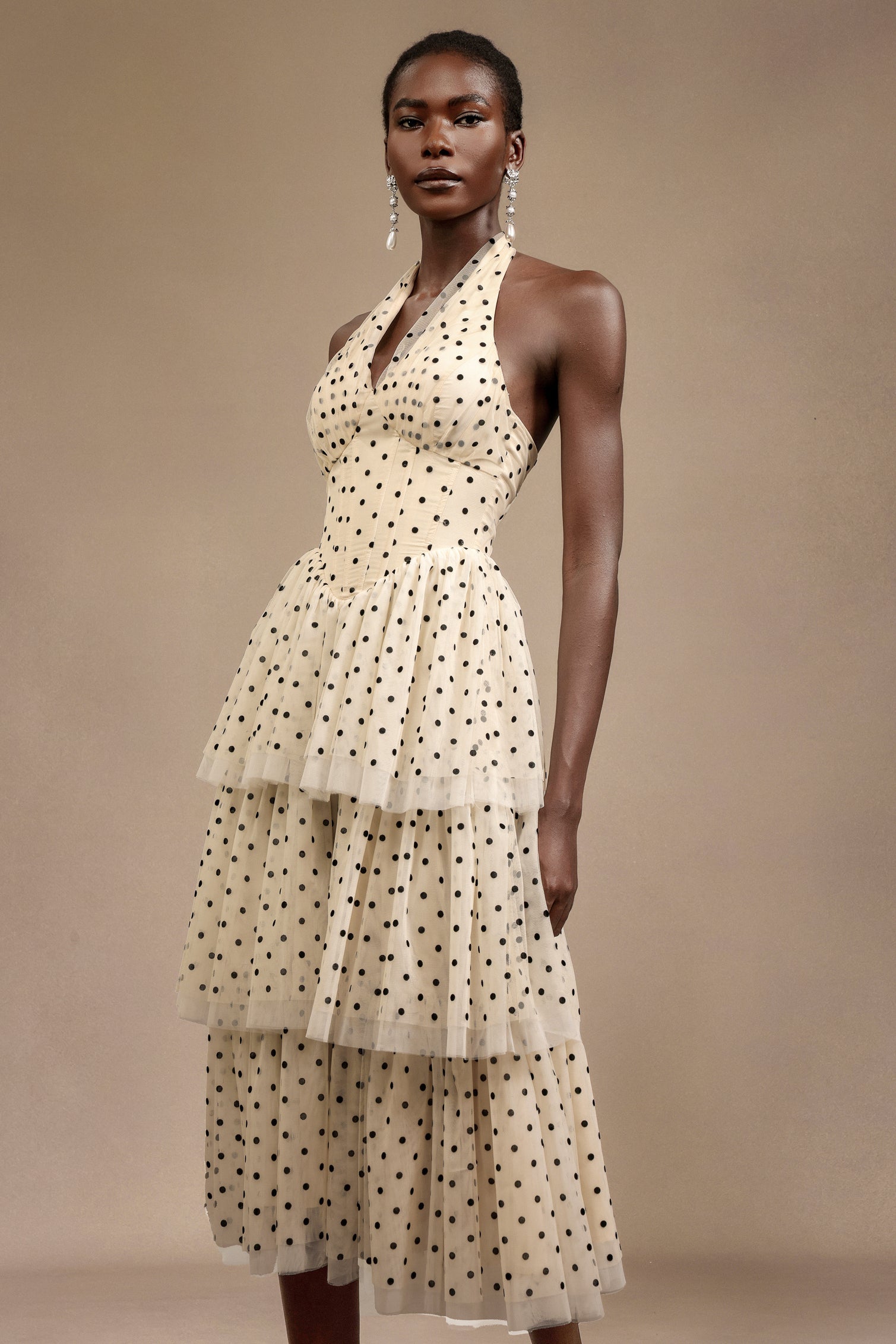 Julieta Sleeveless Dot Printed Layered Folds Midi Dress C250500002
