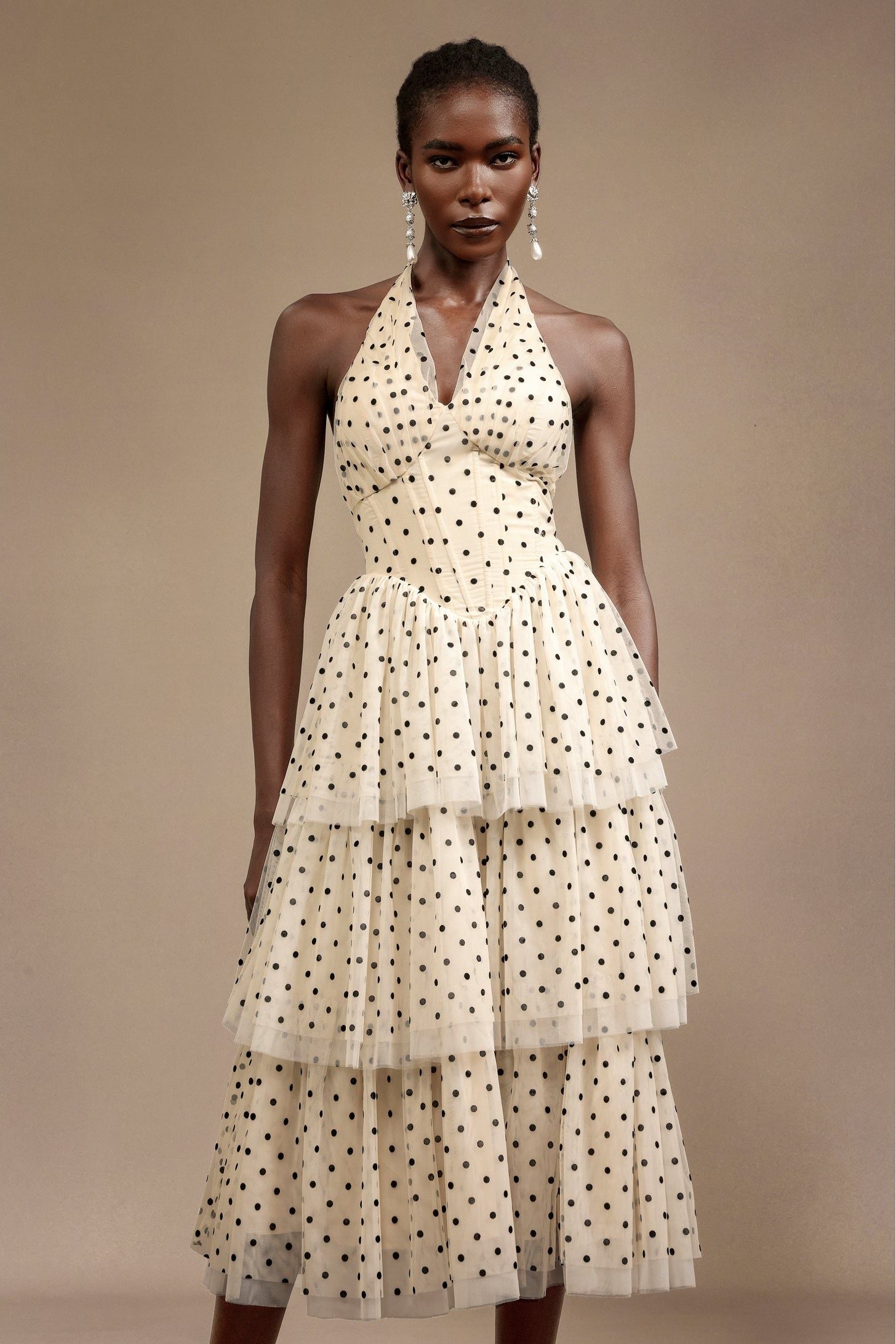 Julieta Sleeveless Dot Printed Layered Folds Midi Dress C250500002