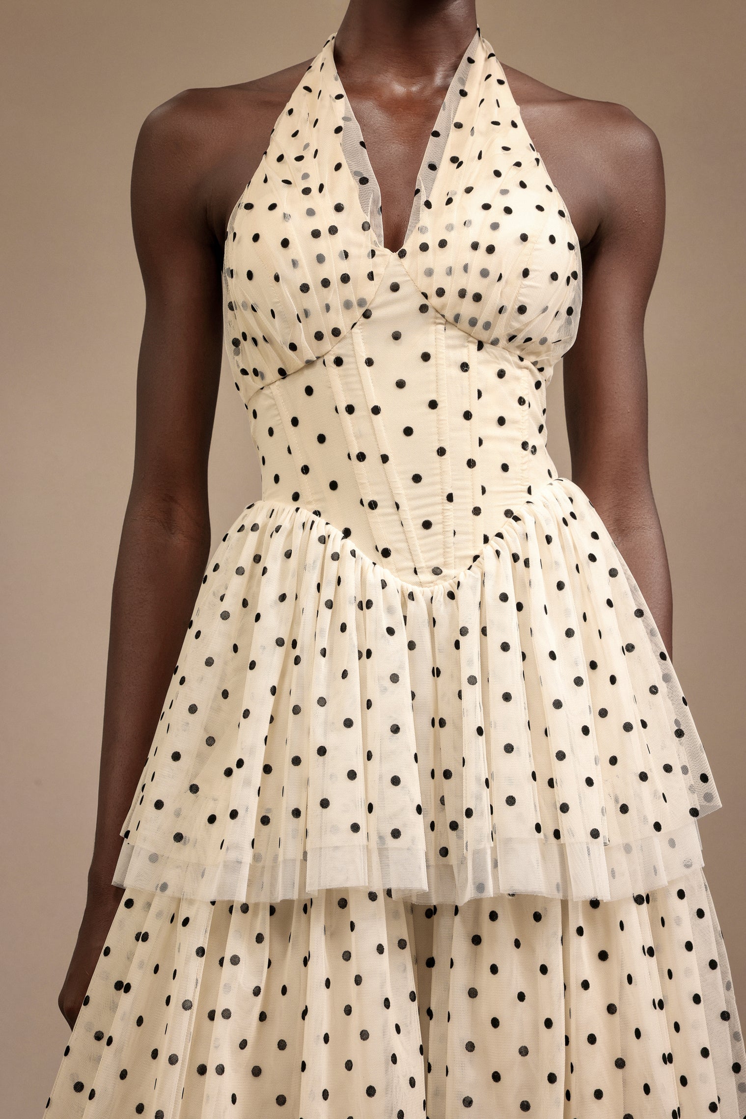 Julieta Sleeveless Dot Printed Layered Folds Midi Dress C250500002