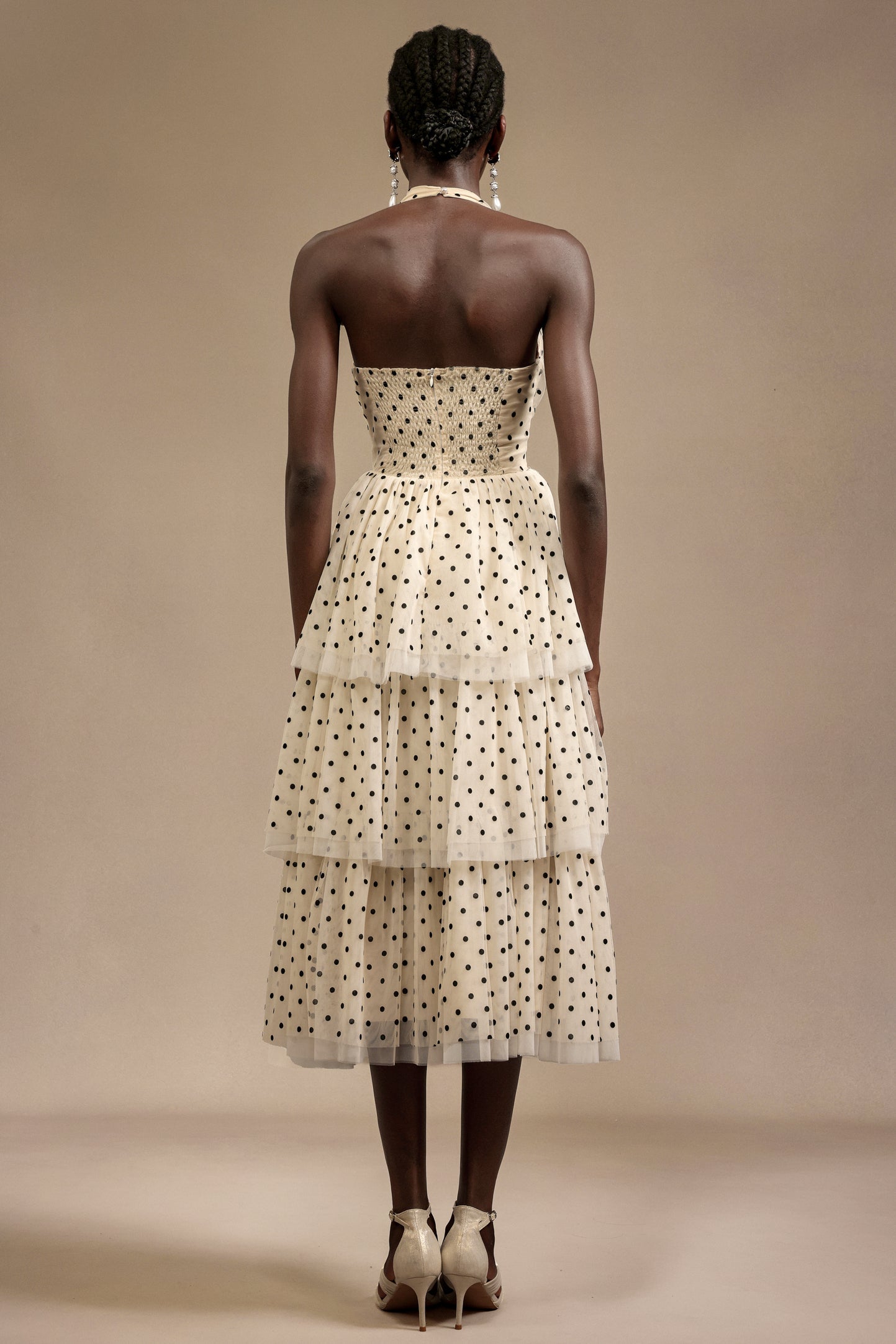 Julieta Sleeveless Dot Printed Layered Folds Midi Dress C250500002