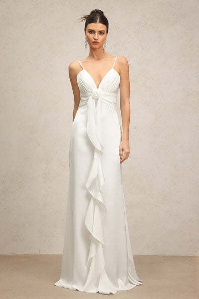 White - Yvonne Sleeveless V-Neck Flowers Flounce Maxi Dress by Bella Barnett