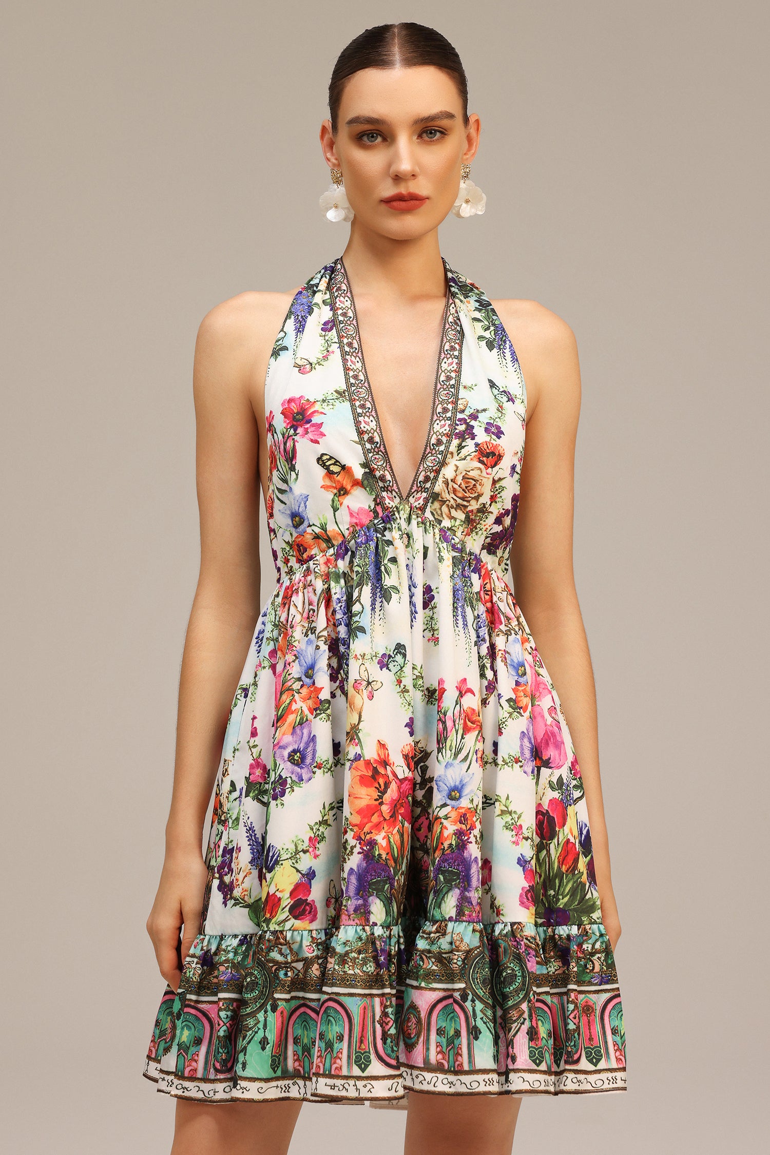 Emier V-neck Floral Printed Mini Dress C250300199