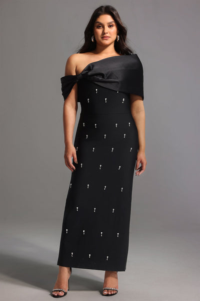 Black - Palez Sleeveless One Shoulder Diamond Bow Bandage Maxi Dress by Bella Barnett