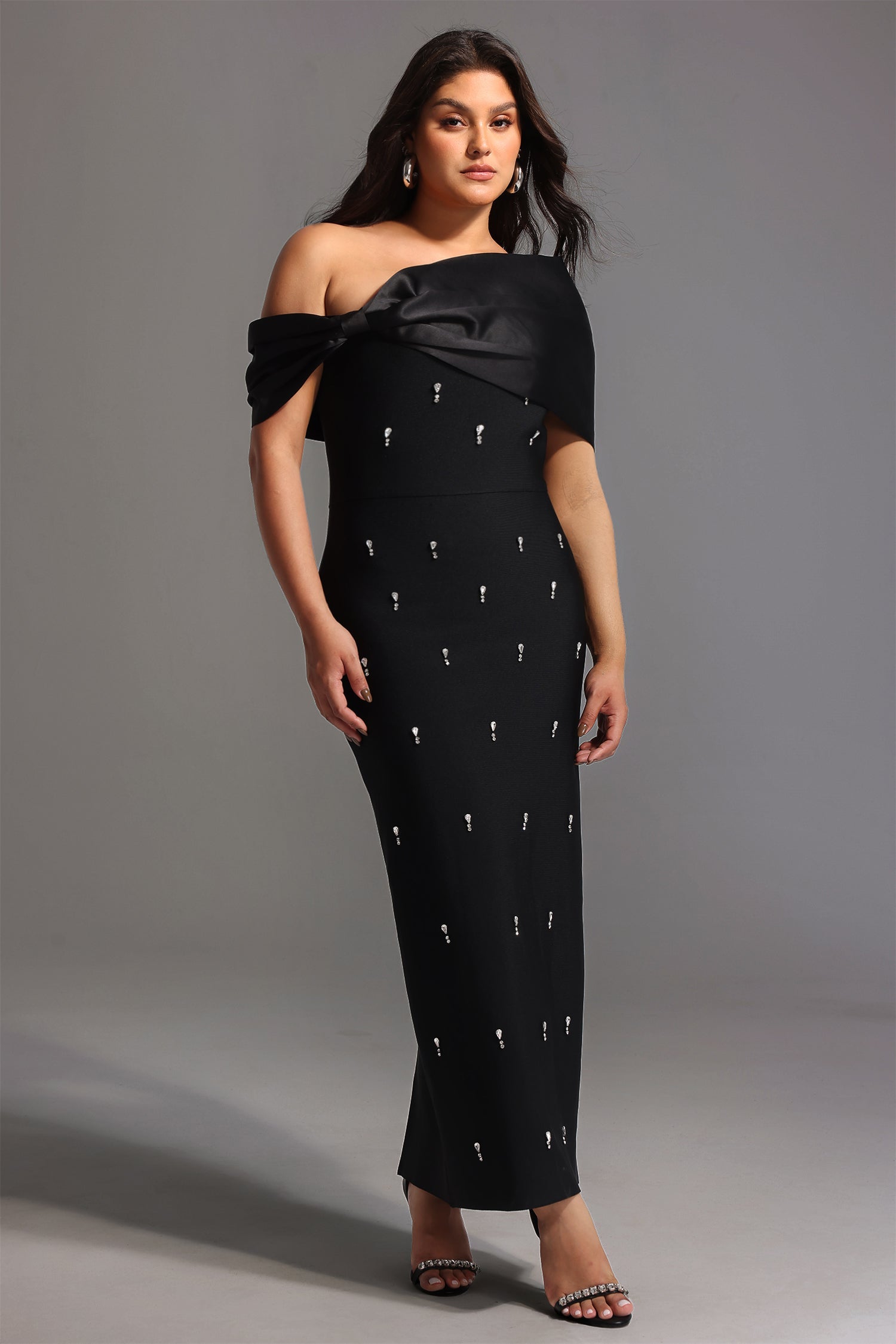 Palez Sleeveless One Shoulder Diamond Bow Bandage Maxi Dress D250101317