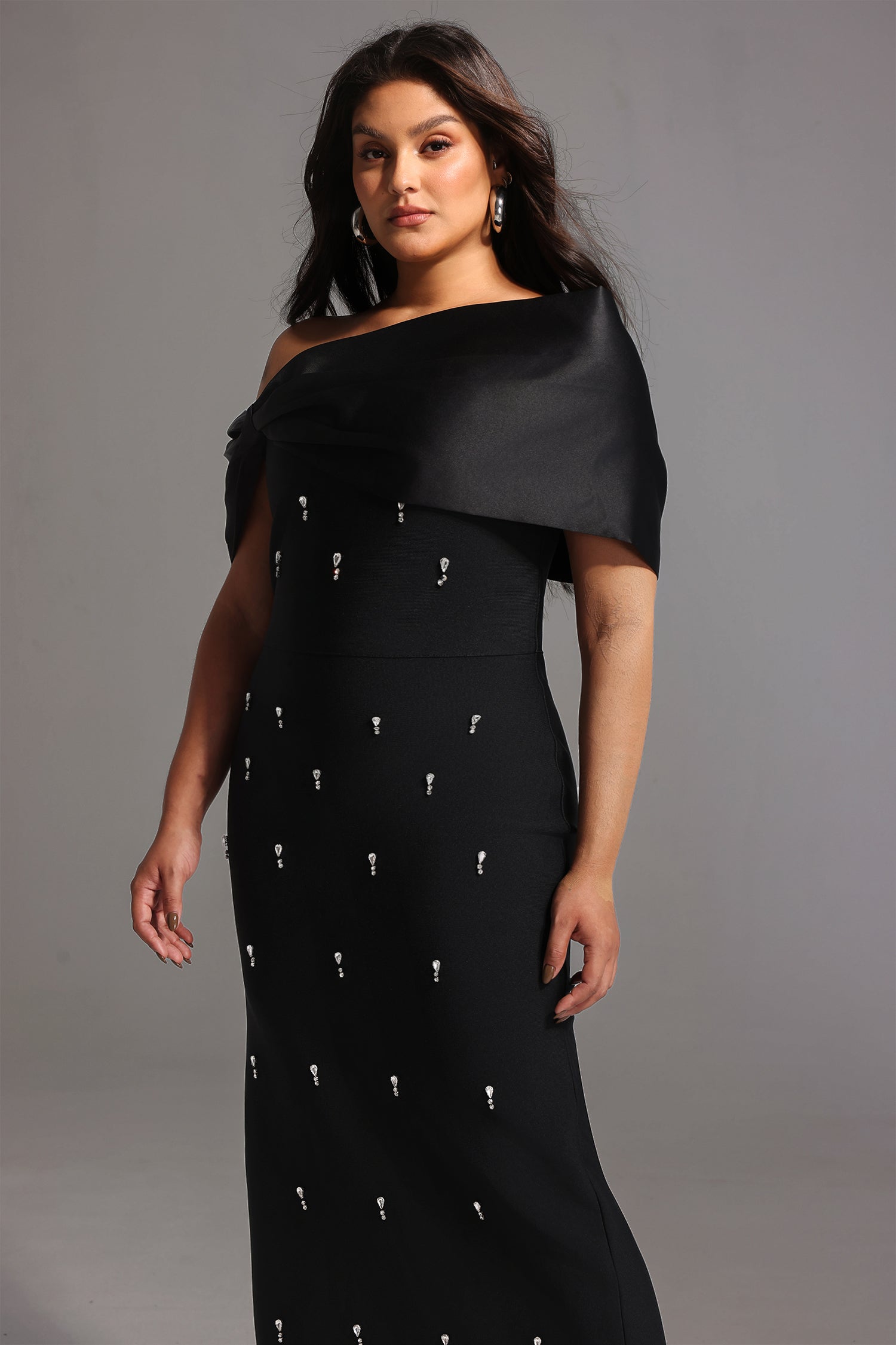 Palez Sleeveless One Shoulder Diamond Bow Bandage Maxi Dress D250101317