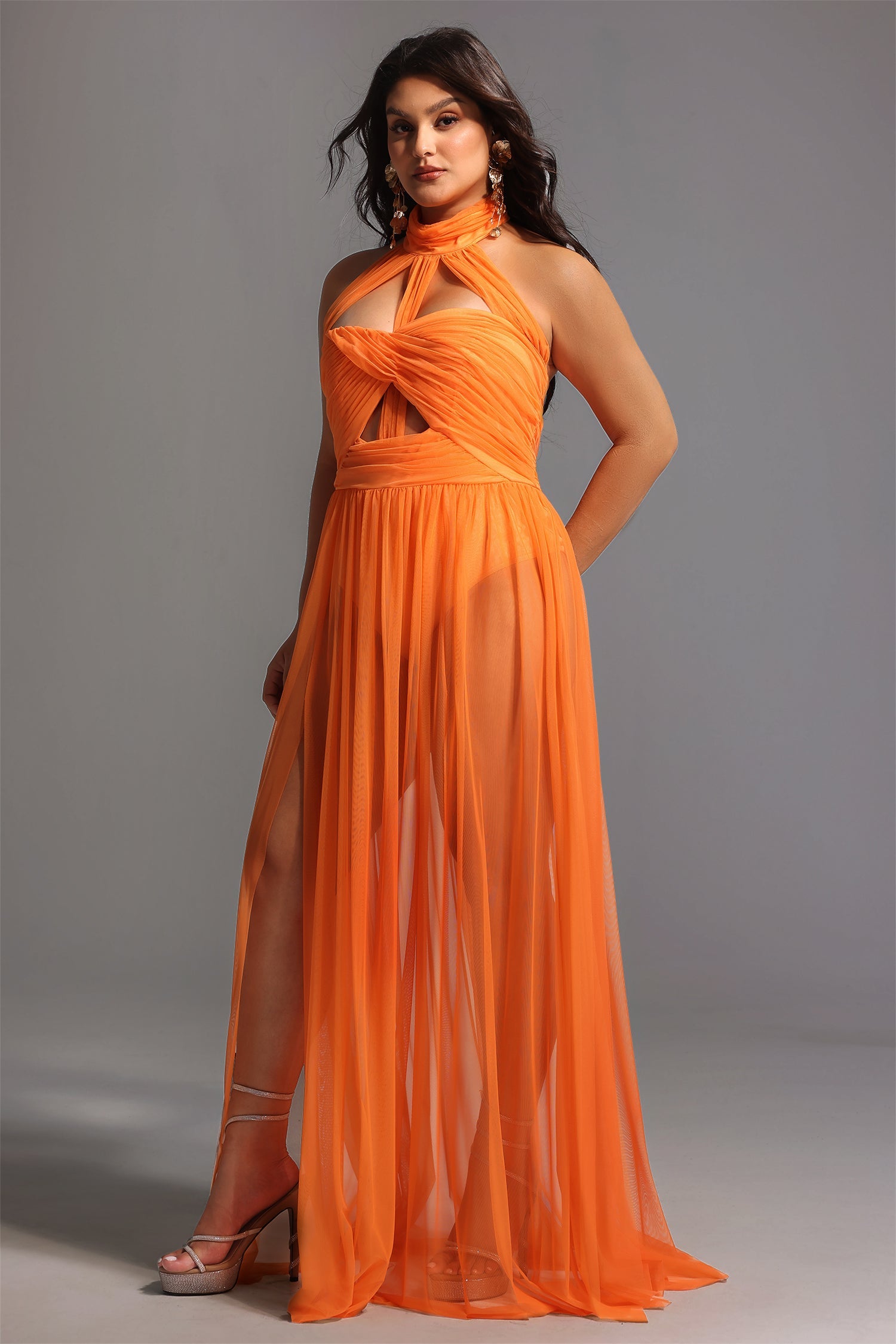 Rivka Halterneck Twist Mesh Maxi Dress D240803201