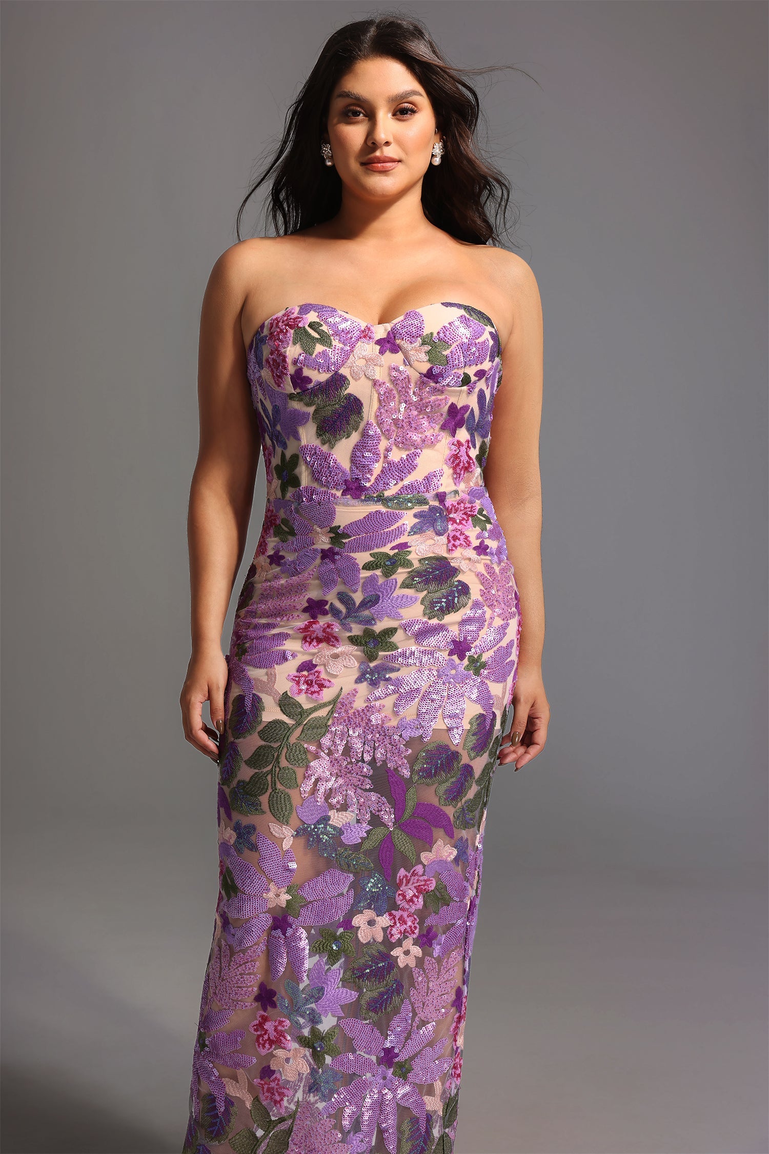 Eugenia Flower Sequins Strapless Mesh Dress - Purple D240701211