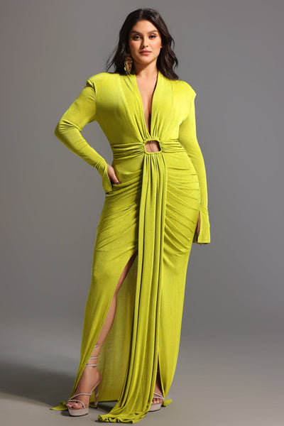 Green - Naomi V-neck Long Sleeves Maxi Dress by Bella Barnett