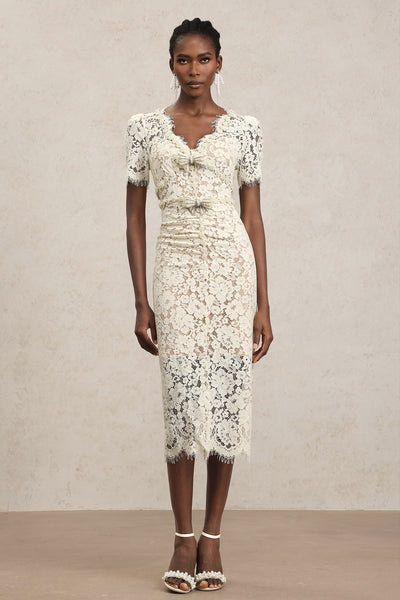 White - Maisie V-Neck Short Sleeves Bowknot Lace Midi Dress by Bella Barnett