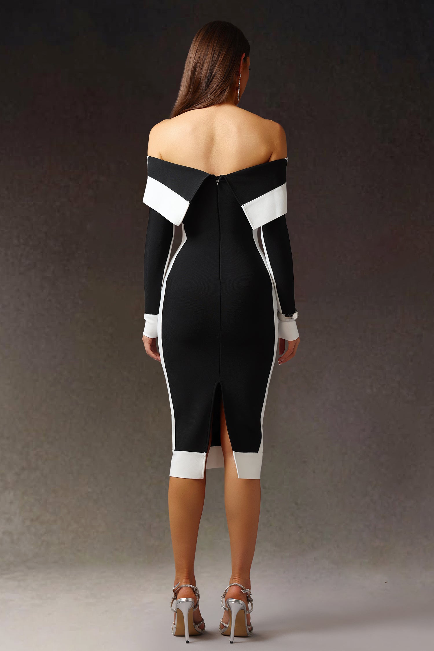 Mattey Off-The-Shoulder Long Sleeves Stripes Bandage Midi Dress D250601522