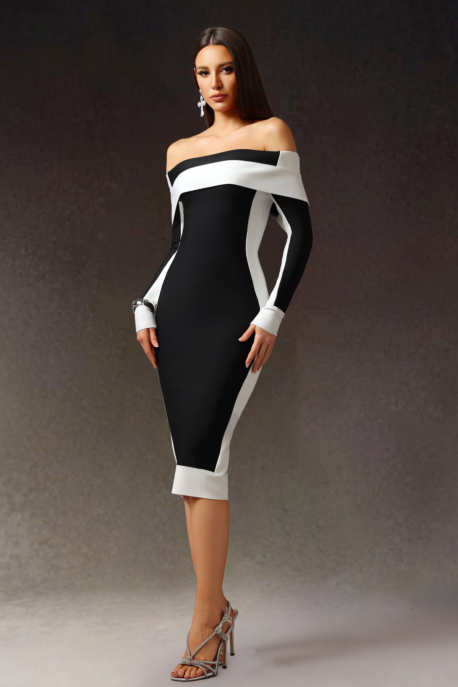 Mattey Off-The-Shoulder Long Sleeves Stripes Bandage Midi Dress D250601522