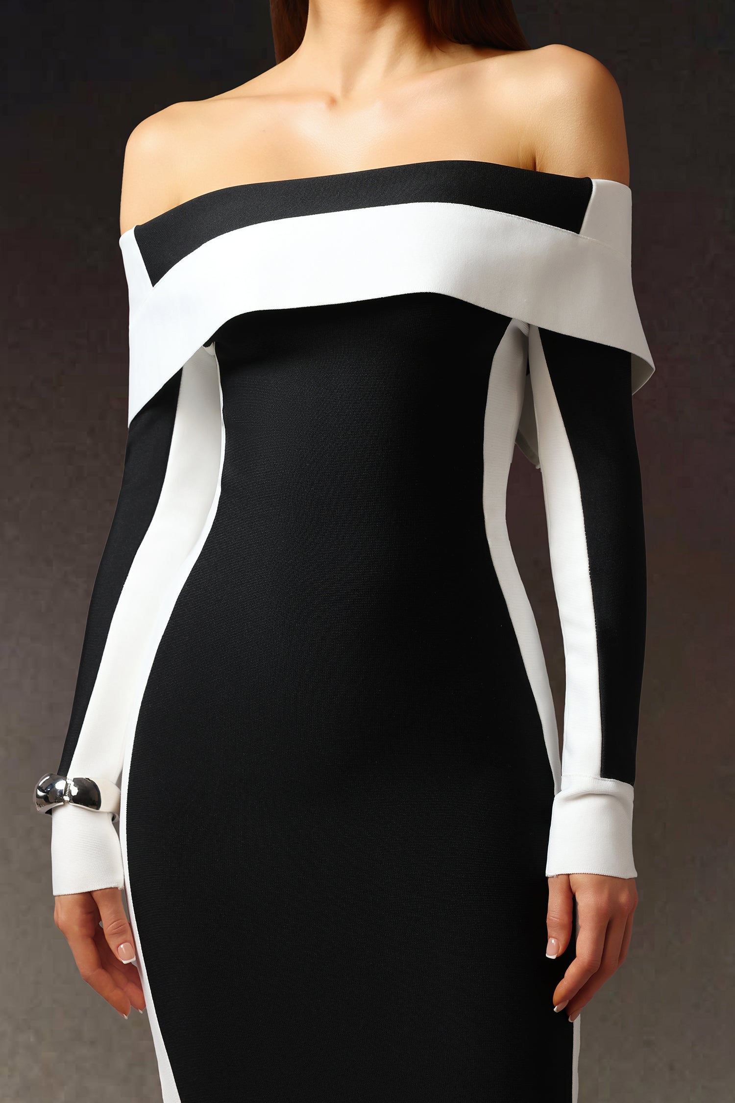 Mattey Off-The-Shoulder Long Sleeves Stripes Bandage Midi Dress D250601522