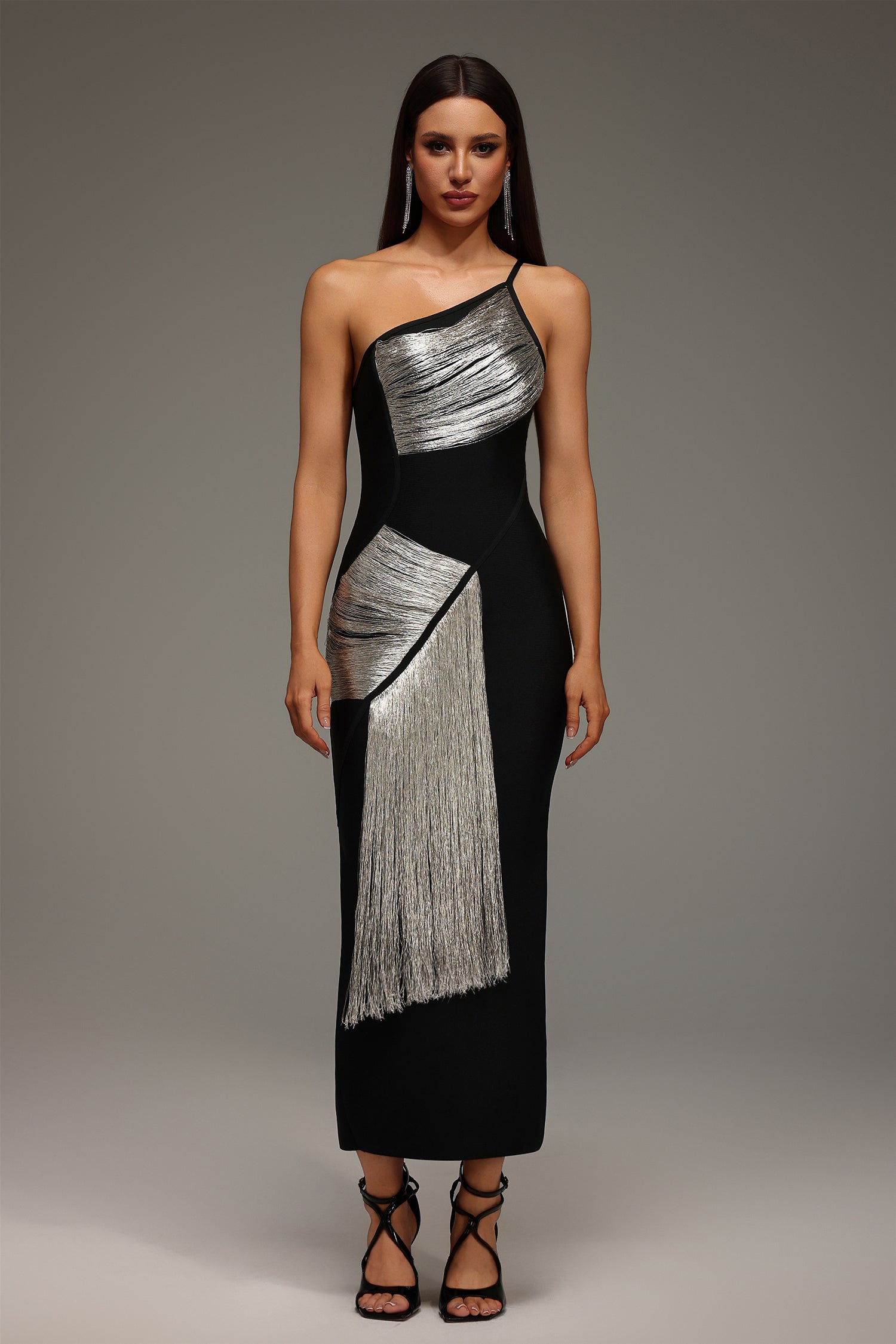 Roanna One Shoulder Sleeveless Tassels Bandage Maxi Dress D250701239-BLACK