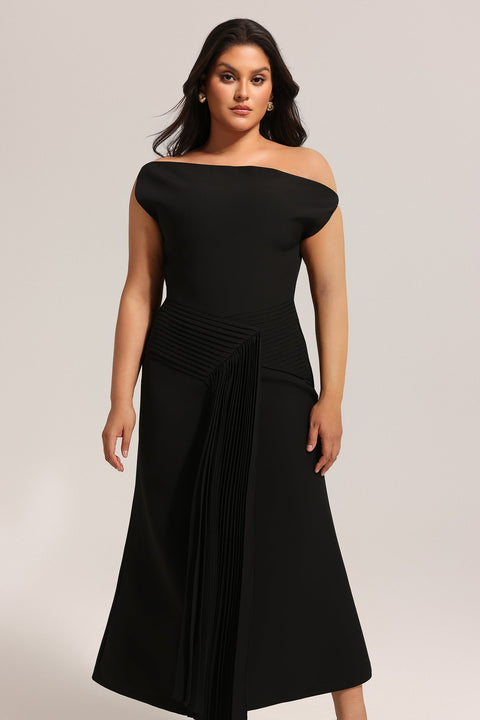 Juny Oblique Shoulder Sleeveless Folds Midi Dress by Bella Barnett